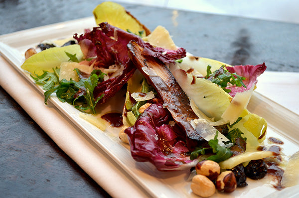 Winter Salad with Pears, King Oyster Mushrooms & Smoked Cherries with Bissinger's Milk Chocolate Vinaigrette